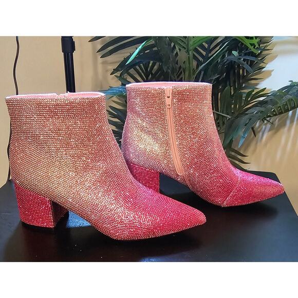 Ombre pink faux diamond studded boots with Square heel. - Picture 2 of 4